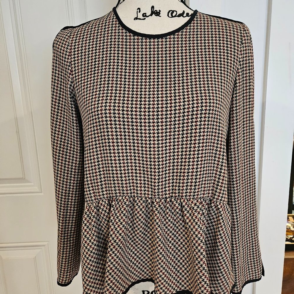 Zara Cream, Red and Black herringbone blouse with black trimming - XS